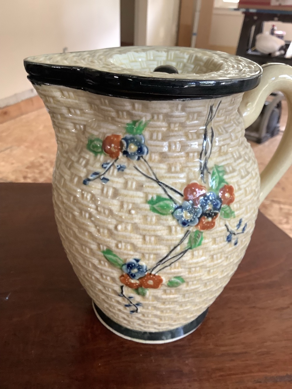 Vintage Hotta Yu Shoten Cream Floral Basketweave Ceramic Pitcher with Black Trim